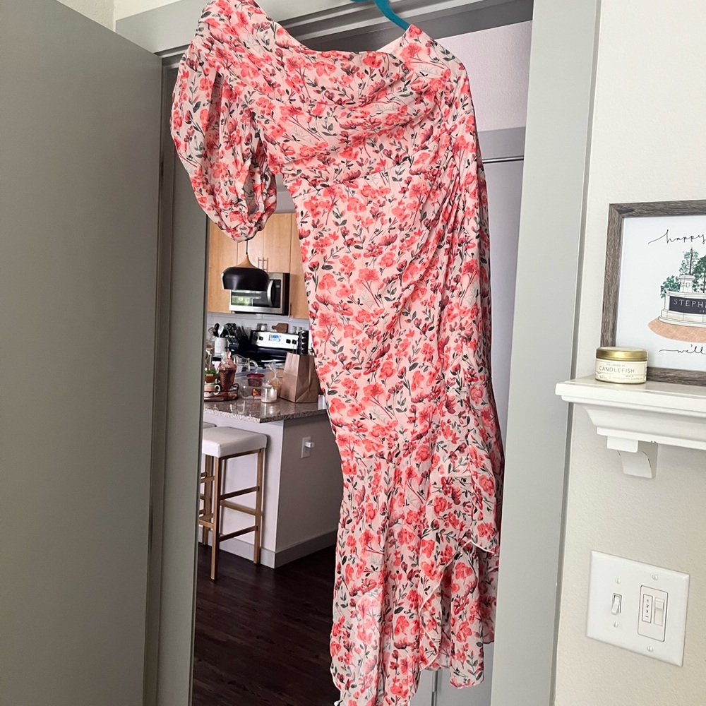 One shoulder floral pink dress